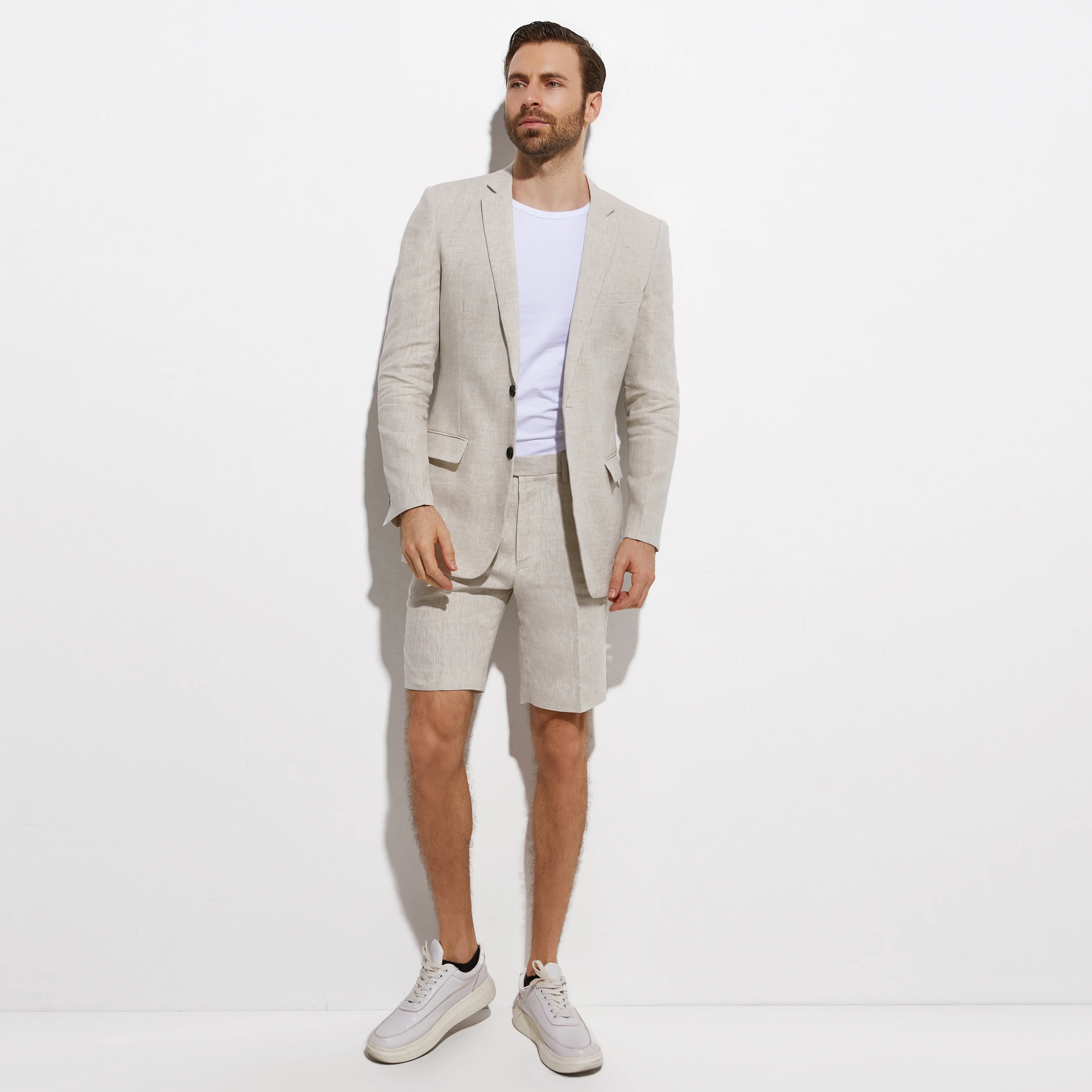 Tailored Sand Grey Linen Suit for Men | Beach Wedding Groom Attire | Summer Breathable 2-Piece Set with Shorts Slim Custom Fit