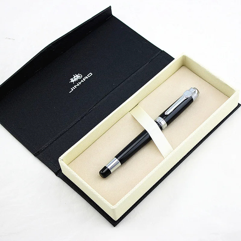 Серебристая черная Шариковая ручка Jinhao, черные шариковые ручки для школы, офиса, высокое качество, Подарочная коробка для друзей - Цвет: PEN AND BOX