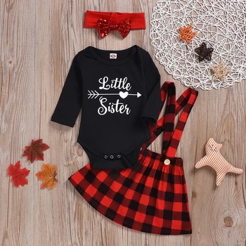 

Sisters Matching Dress Baby Girl Romper Set Newborn Girls Skirt Set Red Plaid Strap Skirts Cotton Long Sleeve Bow Headband