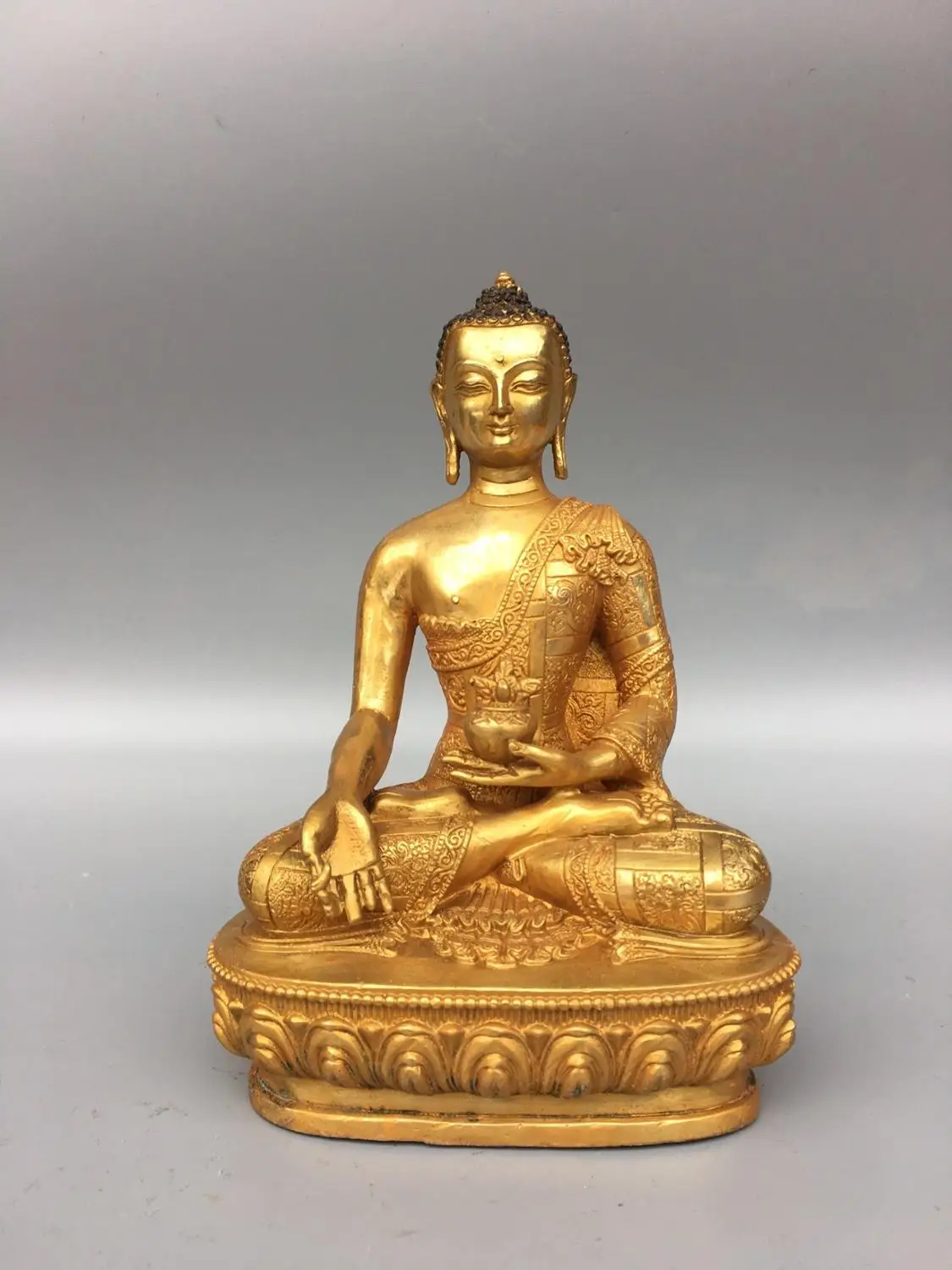 

8" Tibet Buddhism Temple Old Bronze Gilt Sakyamuni Buddha Statue Burning lamp ancient Buddha Ancestor of ten thousand buddhas