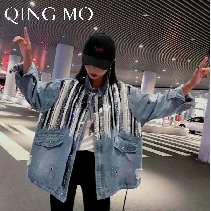 QING MO, женское Полосатое пальто с блестками,, Осеннее, женское, индивидуальное, необычное, джинсовое пальто, уличная одежда, стильная куртка, ZQY1185