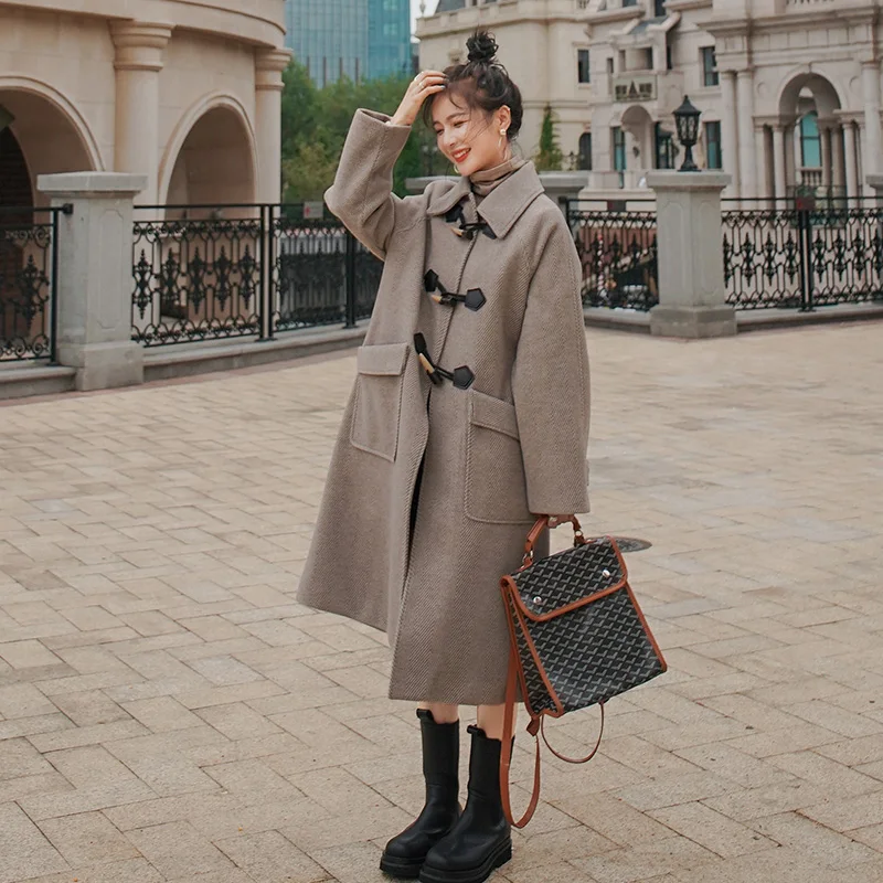 

Woolen Coat for Women Fashion Elegant British Style Horn Button Loose Casual Long Trench Jacket Windbreaker Overcoat Winter 0930