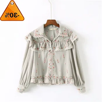 

Fashion Floral Women's Embroidered Shirts Tops Female Casual Long Sleeve Ruffled Chiffon Cropped Blouse blusas Autumn