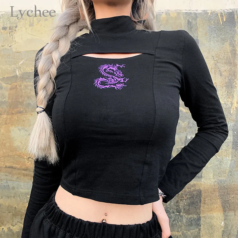 Lychee Harajuku женская футболка с принтом дракона открытая женская футболка футболки осенние женские футболки с высоким воротом футболки
