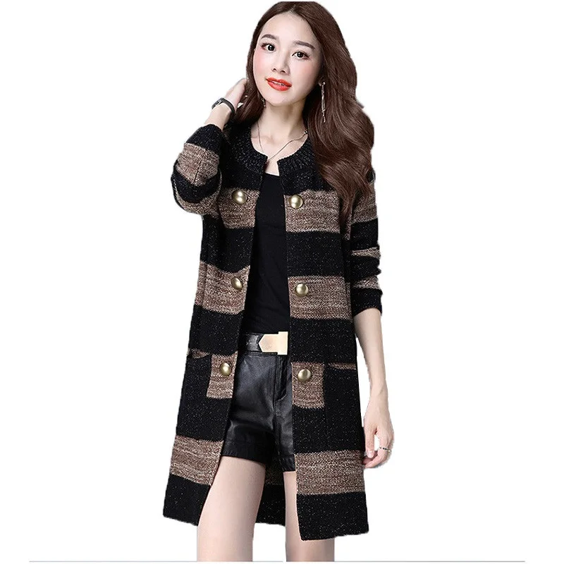

Autumn Women Sweater Knitting Cardigan Coat 2019 New Striped Windbreaker Long Sleeves Plus Size Women Basic Coats Casual Tops 73