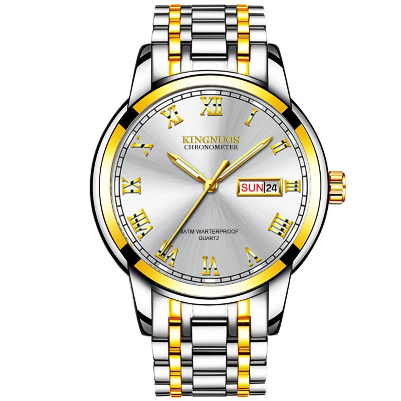 KINGNUOS men's steel belt quartz watch calendar week multifunctional waterproof watch room gold belt watch student watch