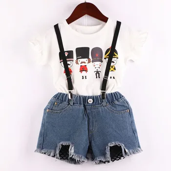 

Kids Clothes Set Summer Boys Girls England Style Clothing Cartoon Soldiers Print T-shirt+Denim Shorts+Suspender 3 Pieces Outfits