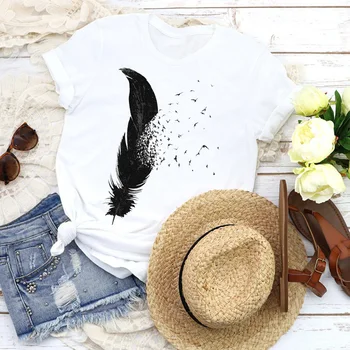 

Women Graphic Feather Bird Cartoon Fashion Short Sleeve 90s Tees Print Tops T Shirt Clothing Female Shirt Womens T-Shirt