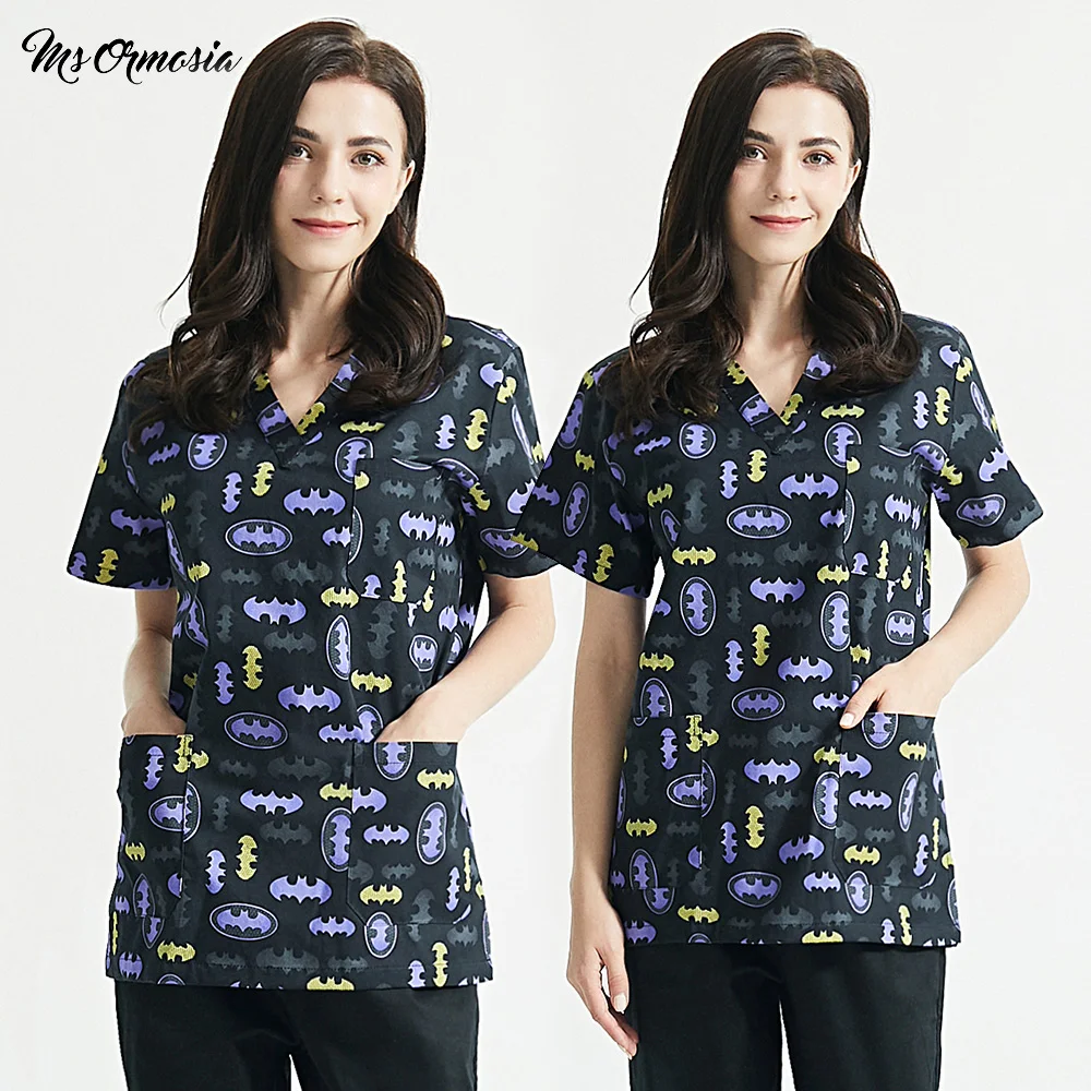 

Unisex 100%Cotton Cartoon printing scrubs shirt Scrubs Tops beauty salon work Set lab working clothes pet grooming Uniform women