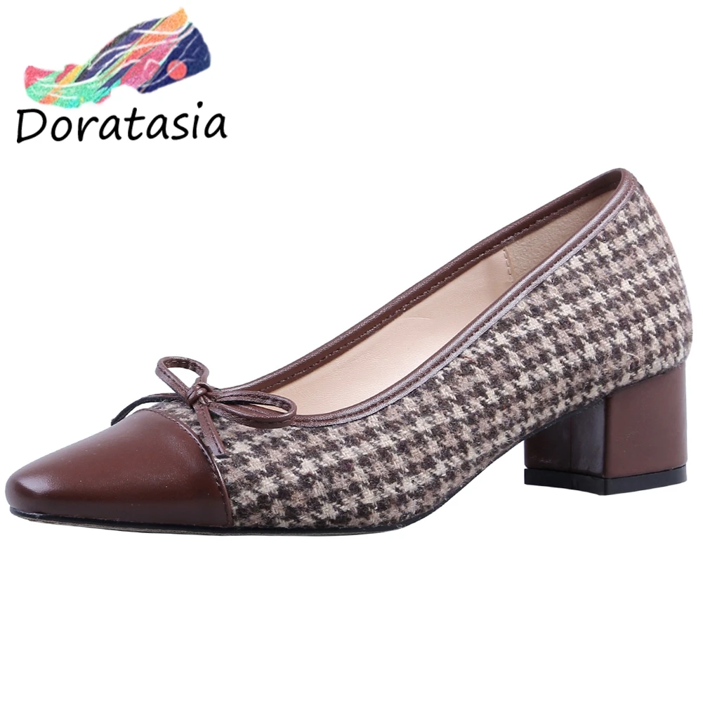 

DORATASIA New Girl Elegant Shallow Pumps Fashion Genuine Leather Pumps Women Brand Patchwork Med Heels Shoes Woman