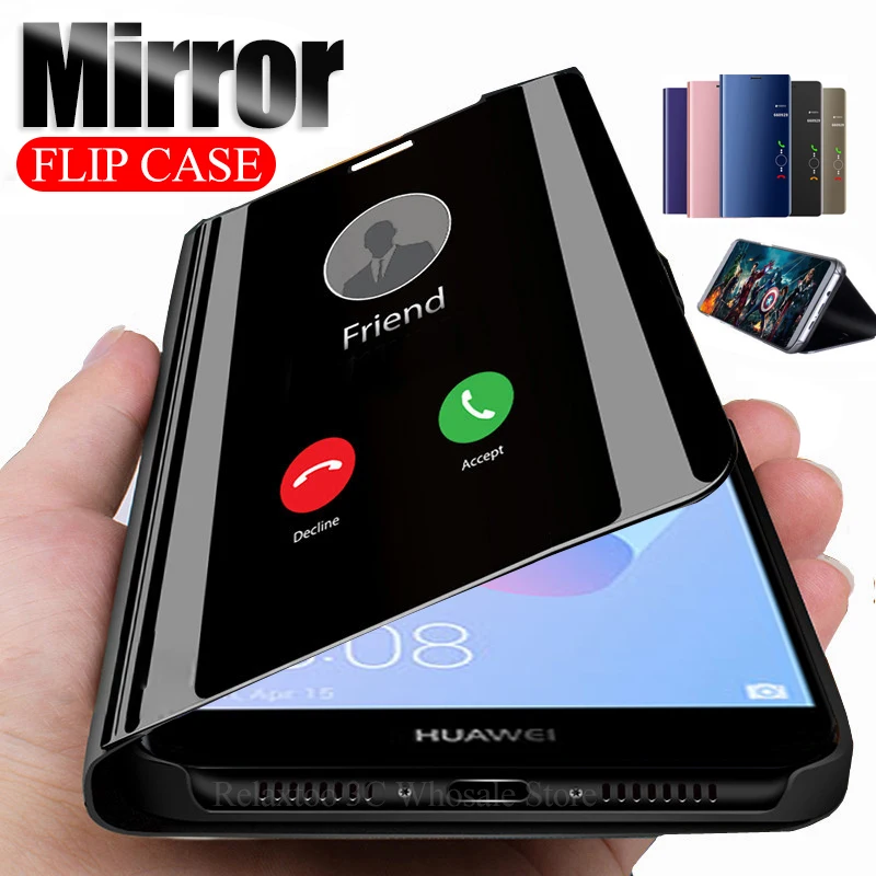 

Mirror Flip Case For huawei y6 prime 2018 y5 y9 2019 y7 pro stand leather Cover on huawey y 5 6 7 9 5y 6y 7y 9y Phone view coque