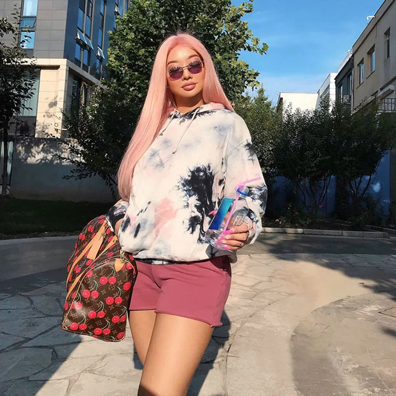 

Street Pop Pink Smiley Print Loose High Quality Cotton Hooded Hoodie Sweater