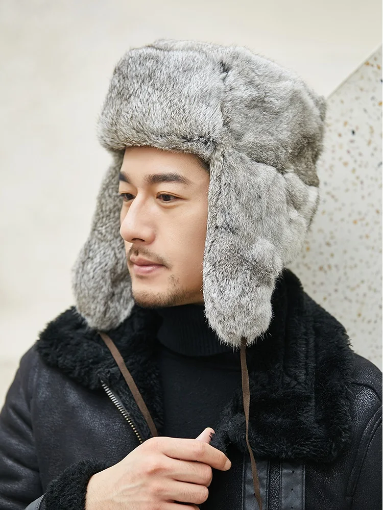 Real Rabbit Fur Winter Men Bomber Hat Warm Thicken Earflap Russian Caps