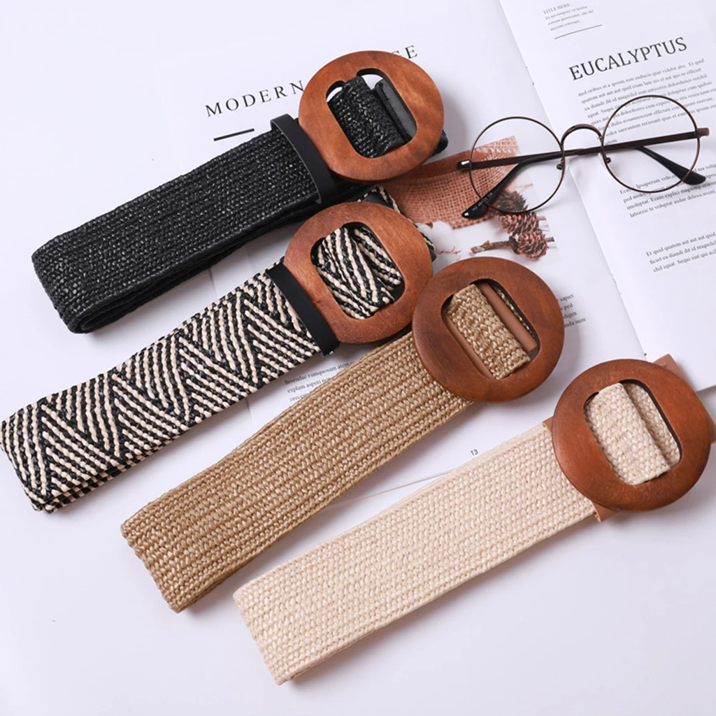 Women Braided Straw Waistband Cinch Belt with Round Wooden Buckle