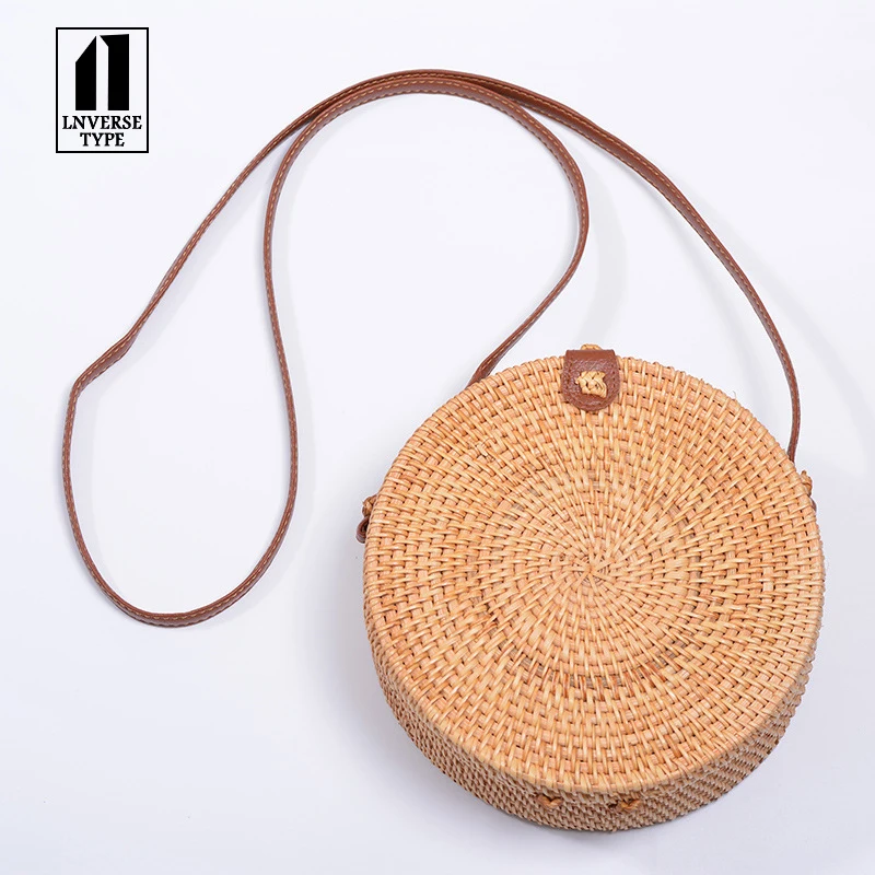 

Vintage Handmade Crossbody Leather Bag Round Beach Girls Circle Rattan bag 20x20x8cm Bohemian Shoulder bag Crossbody Bags Rattan