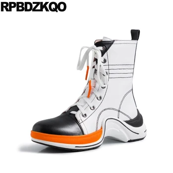 

women patchwork white platform boots lace up fur handmade autumn 2019 round toe wedge shoes black winter ankle genuine leather