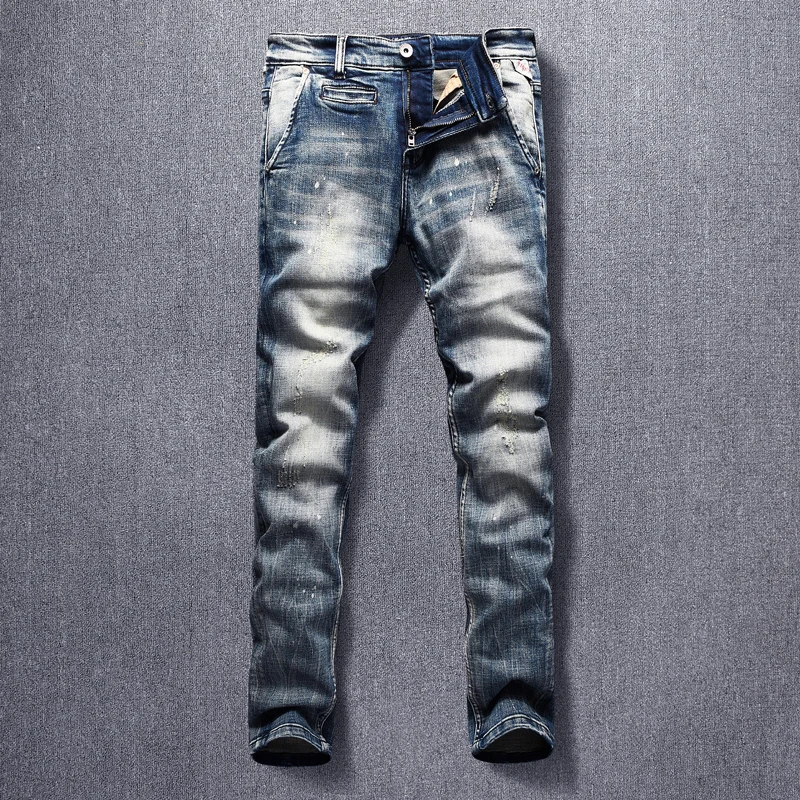 

Italian Style Fashion Men Jeans High Quality Elastic Slim Fit Ripped Casual Denim Pants Retro Vintage Designer Long Trousers