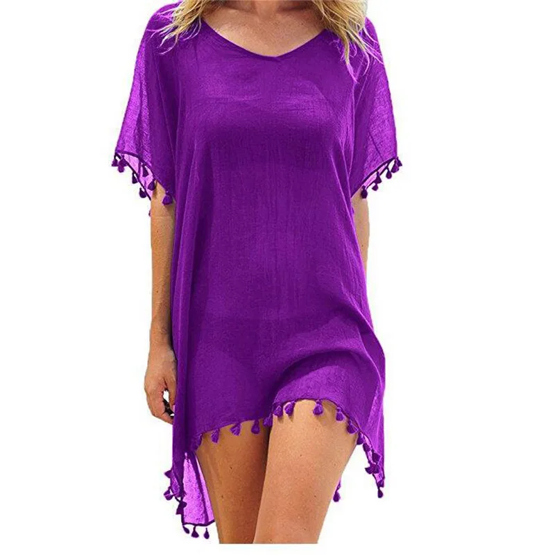 Chiffon Tassels Beach Wear Women Swimsuit Cover Up Swimwear Bathing Suits Summer Mini Dress Loose Solid Pareo Cover Ups swimsuit cover up swimsuit coverup
