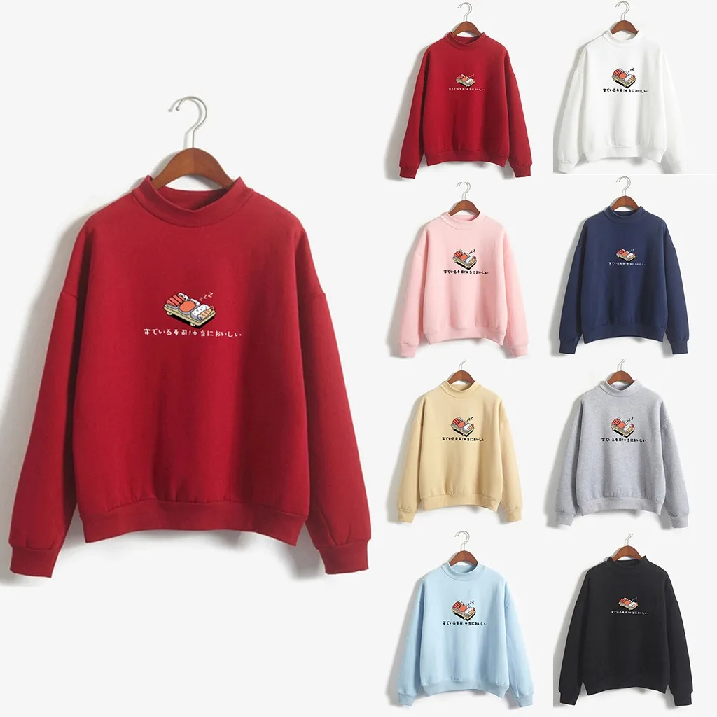 JAYCOSIN Fashion Women Casual Simple Sushi Printed Hooded Loose Sweatshirt Comfortable Soft Sweet Cute Pullover Top Blouse