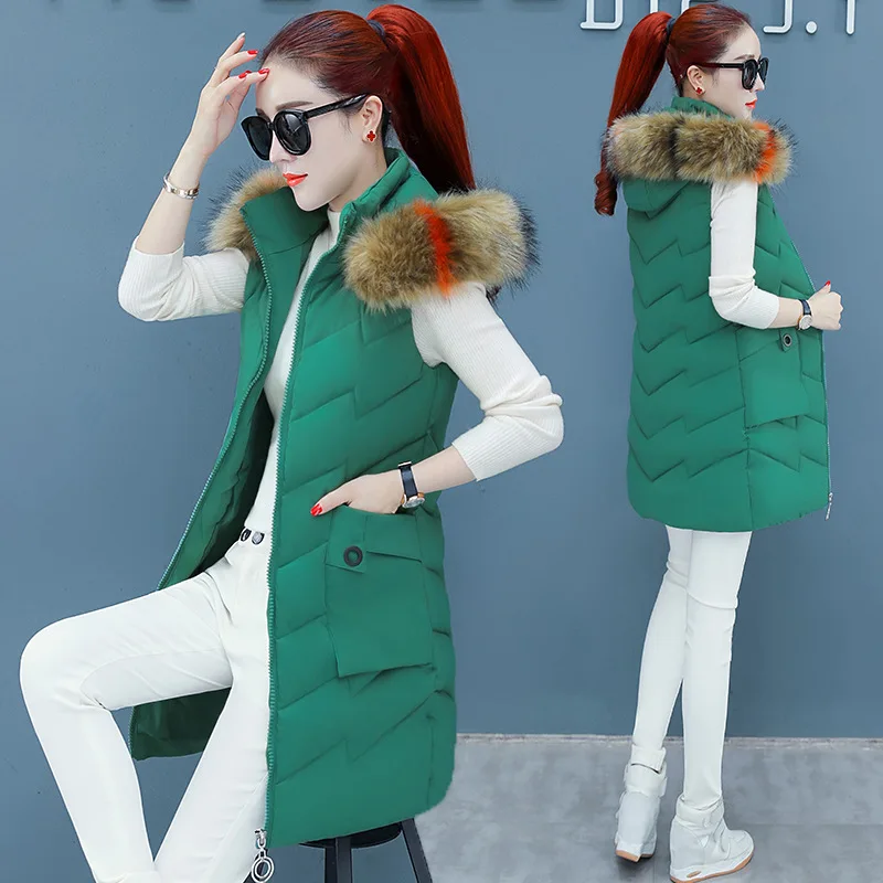 

Mid-length Cotton Vest Women's 2019 New Style Korean-style Autumn And Winter Detachable Hat Large Fur Collar Warm down Jacket Co
