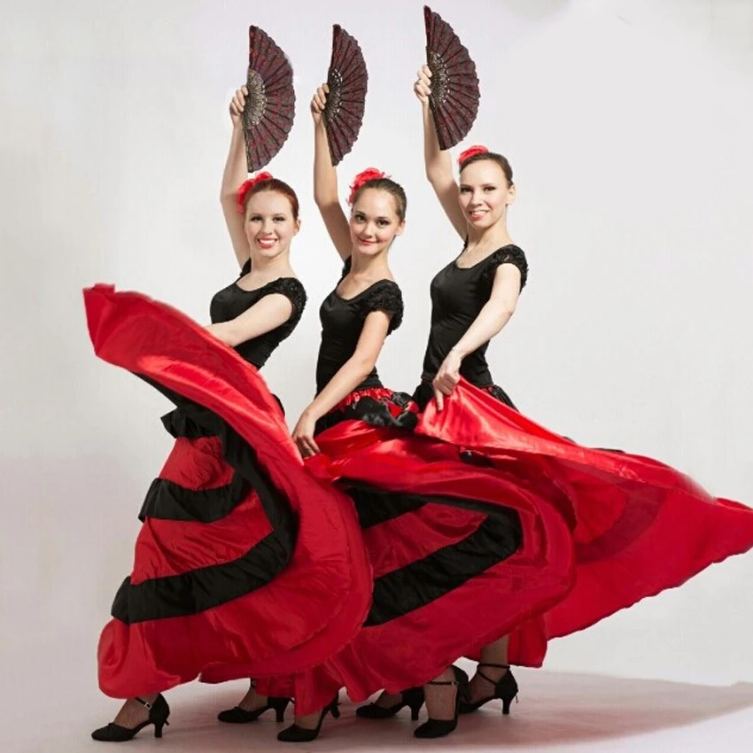 Размера плюс леди испанский фламенко юбочные танцевальные костюмы одежда для женщин Красный Черный испанская коррида фестиваль танец живота одежда