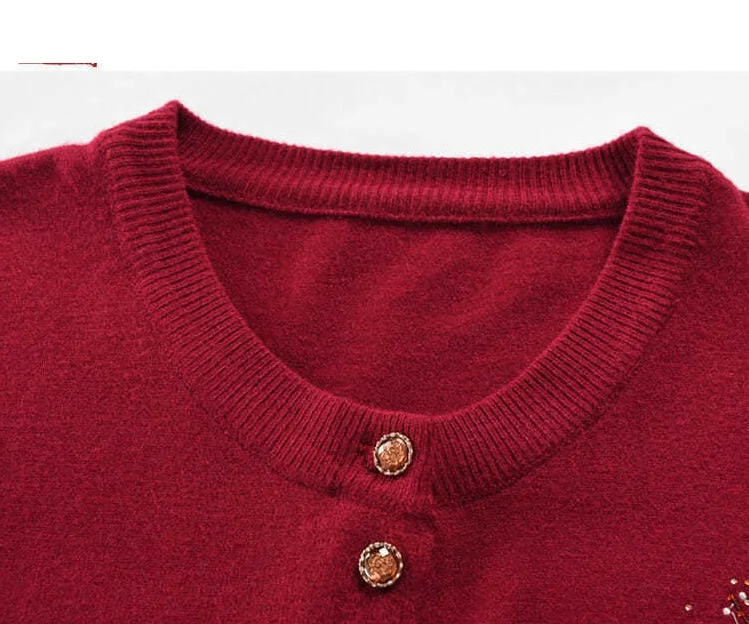 Spring Autumn Thin Knit Cardigan Jackets Grandma Embroidered Long Sleeve Sweater Outerwear Plus Size Short All-match Women's Top