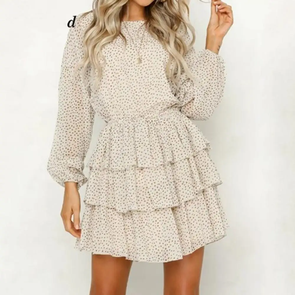 

2019 New Fashion Women Sweet Round Collar Long Sleeve Cartoon Point Print Mid-Length Casual Cake Dress