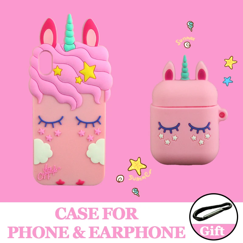

For iPhone 7 8 Plus X XS XR XS Max 3D Silicon Unicorn Cartoon Protector Headphone Case for Apple Airpods Earphone Case With Ring