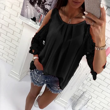 

2019 Summer Womens Elegant Tops And Blouses Solid Casual Hollow Out Sleeve Off Shoulder Shirt Ladies Blouse 4 Colors