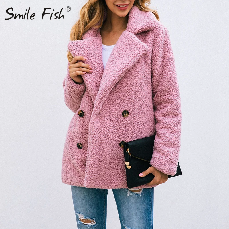 remarkable  Plush Teddy Jackets Warm Winter Women Coat Buttons Solid Turn Down Collar Plus Size Coats 3XL Pocke