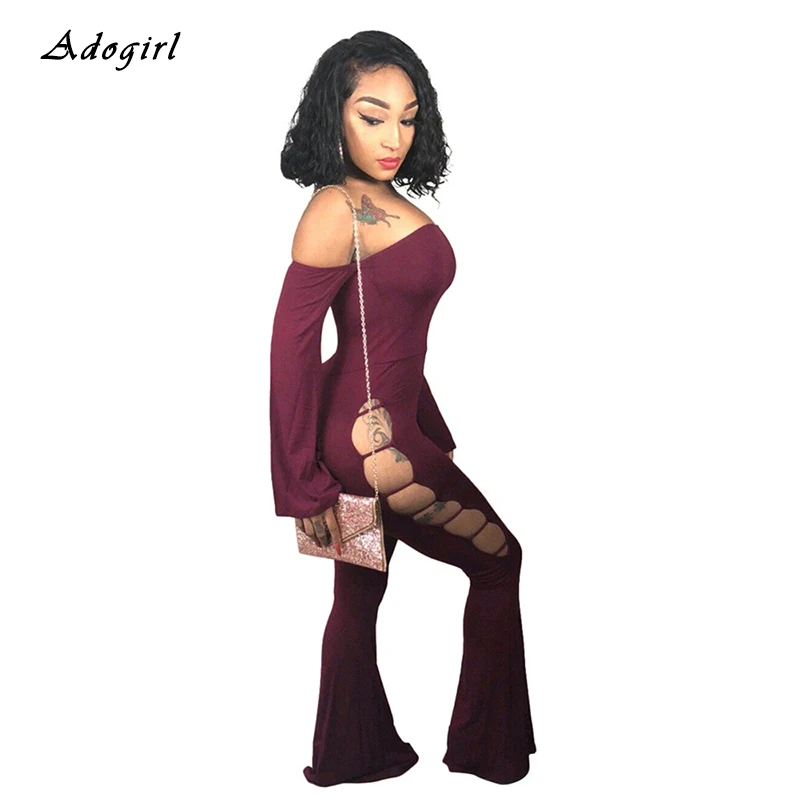 

Autumn Sexy Hollow Out Jumpsuit Casual Long Sleeve Vintage Boot Cut Bodycon Jumpsuit Elegant Off Shoulder Evening Party Overalls