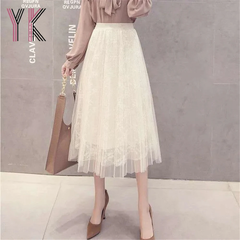 Lace Mesh Elastic High Waist Fairycore Women Midi Skirts Pleated Stitching Lined Elegant Skirts Korean Wild Aesthetic Mom Saia black leather skirt