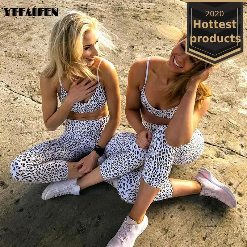 YTFAIFEN Leopard Gym Set Wear Women Clothing Yoga Fitness Leggings Sport Suit Work Out Active Sportswear Outfit Sports | Спорт и