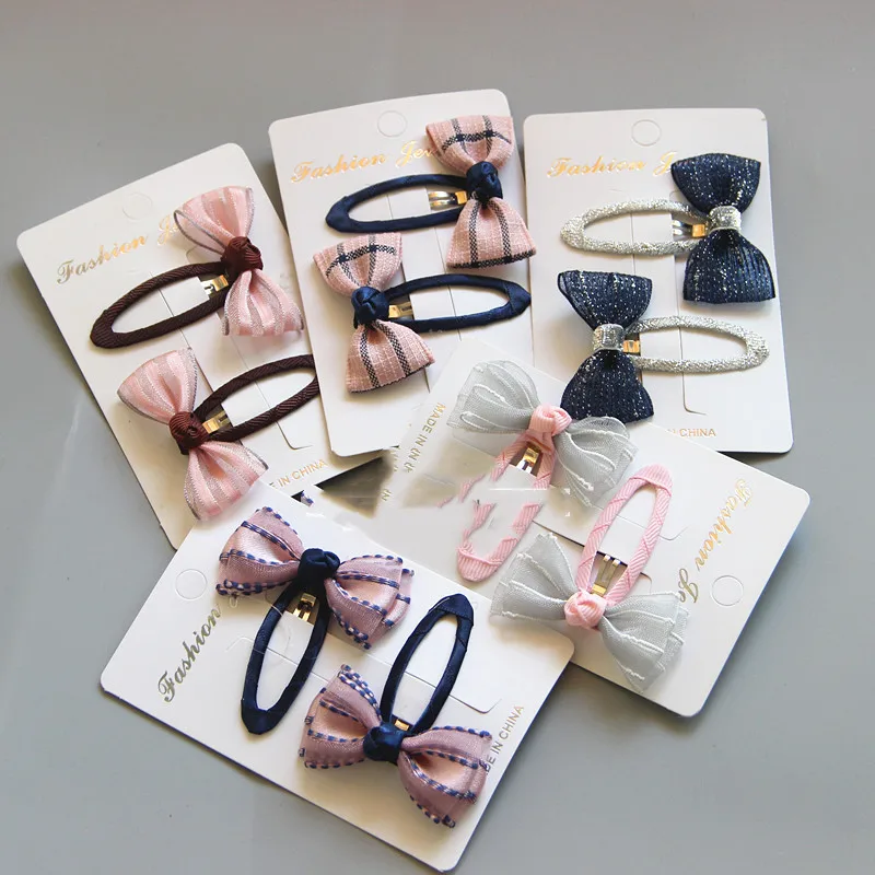 

2Pcs/lot Grid Stripe Satin Bow with Ribbon Covered BB Clip for Girls Kids Handmade Boutique Mini Hairpin Hair Accessories