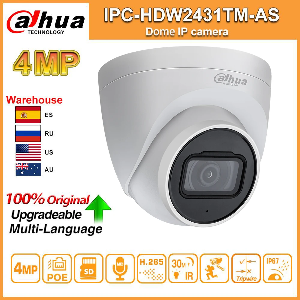 Original Dahua IP Camera Dome IPC-HDW2431TM-AS 4MP HD POE Camera Built in MIC SD Card Slot H.265 IP67 Starlight IVS Camera