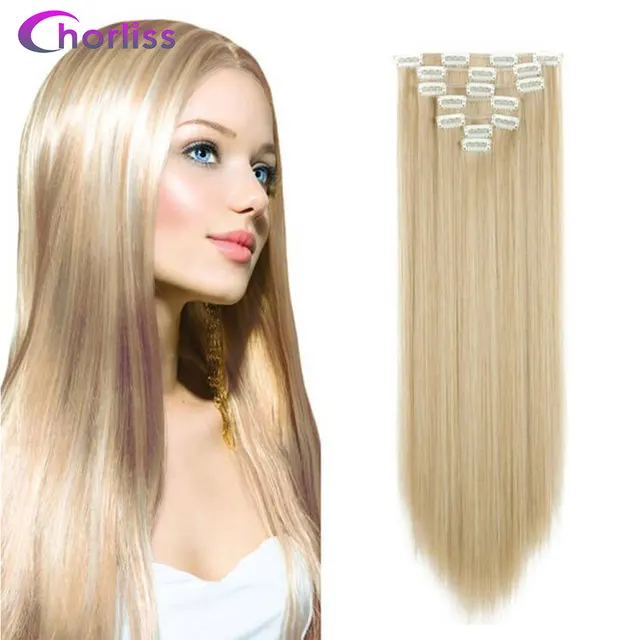 Synthetic Long Straight Clip in Hair Extensions 22" Women Fake False Hair Pieces Ombre Black Brown Blonde Styling Hair 7Pcs