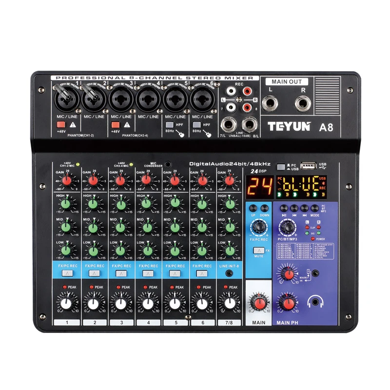 TEYUN 8 Channel Professional Mixer portátil, Sound Mixing Console