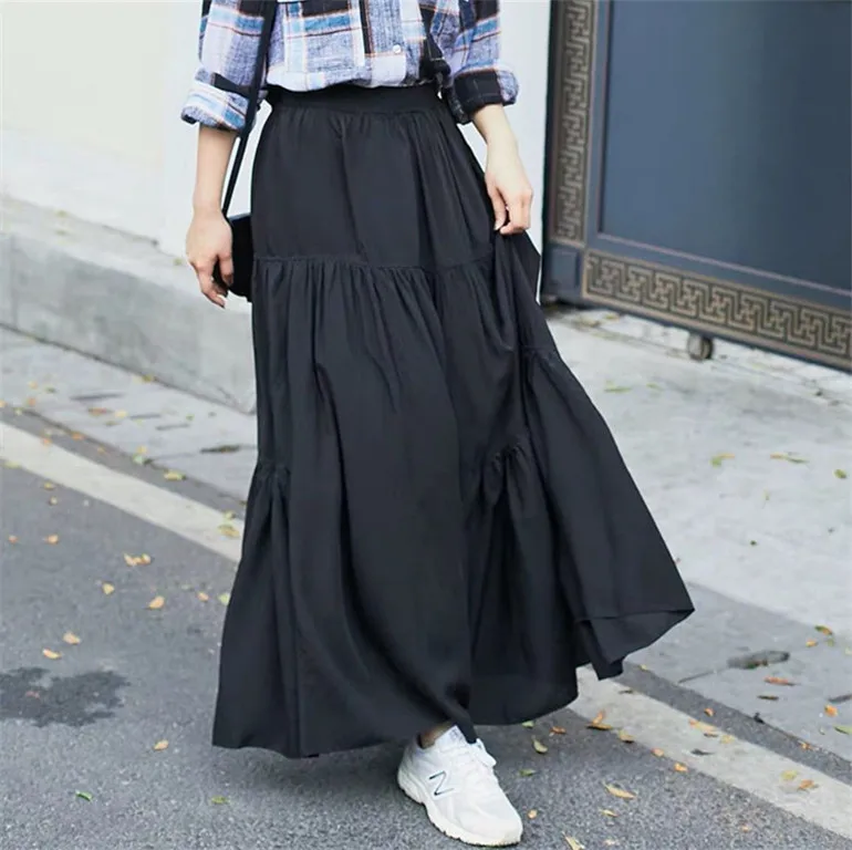 

2019 Spring Autumn Women High Waist Pleated cotton linen skirts,M- 6XL 7XL Plus size Korea casual maxi skirts long party skirt