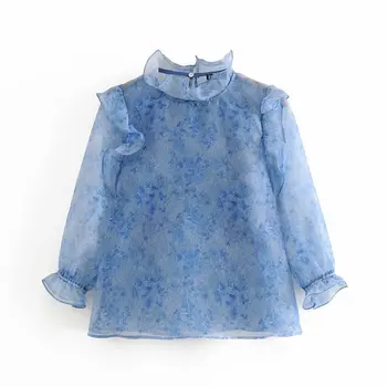 

2020 new women Stand collar translucent casual smock blouse female ruffles decoration organza shirts leisure chemise tops LS6545