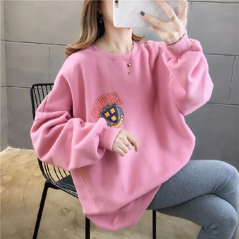 Pink1 NORMVO Осень Зима плюс бархатная толстовка женская с длинным рукавом принт женский свитер Повседневная Свободная теплая толстовка - Цвет: Pink1