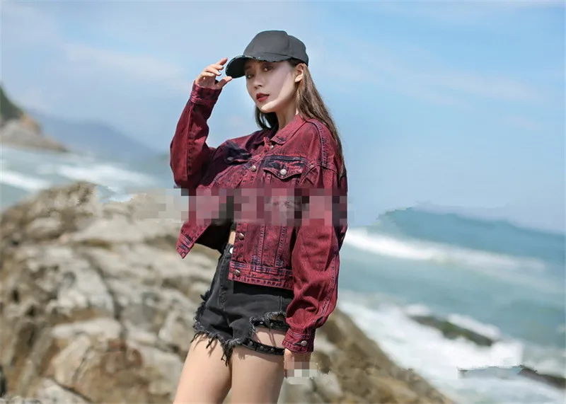 

SZMALL Newest Fashion Ukraine Denim Coat For Women autumn Long Sleeve Pockets Jean Jackets Female Wine red Biker Clothing