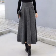 Клетчатая Шерстяная Женская юбка с высокой талией в стиле ретро, зима, Теплая Зимняя шерстяная плиссированная юбка макси для офиса, Femme Saia Longa AQ682