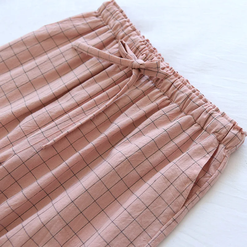 couple Washed Cotton Trousers Thin Men And Women Home Pants Elastic Waist Sleep Bottoms Plaid Lounge Pants Home Sleepwear 2021_ecoleips.com