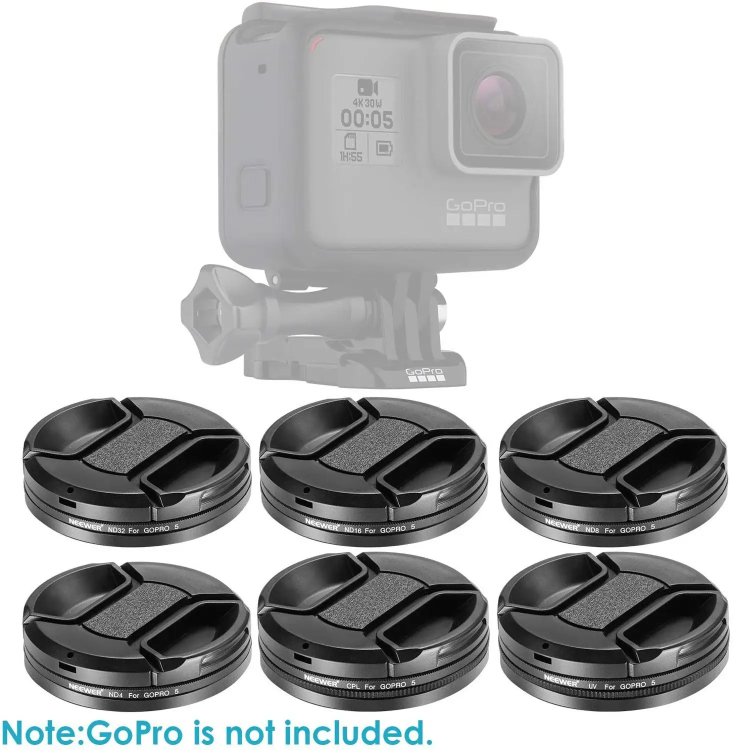 Набор фильтров Neewer для объектива камеры GoPro Hero 5 6 7: 4x ND4 ND8 ND16 ND32 + 1x UV CPL