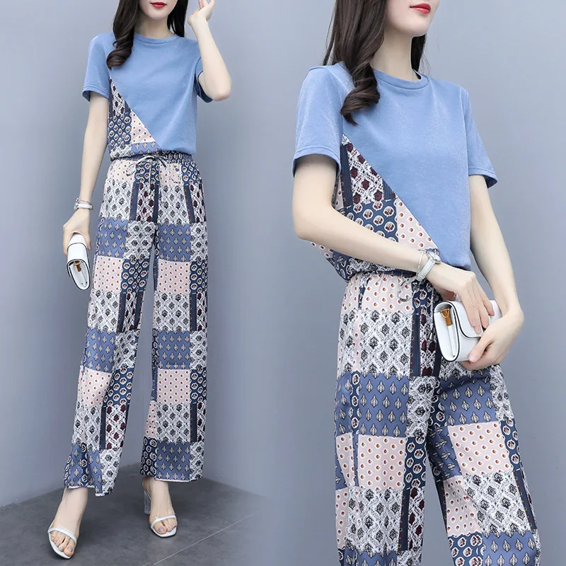 

2019 New Style WOMEN'S Dress Spring And Summer Two-Piece Pants Joint Chiffon Short-sleeved Top Loose Pants Casual Fashion WOMEN'