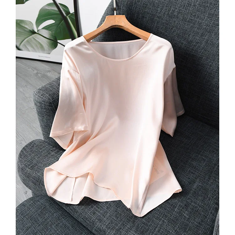 Летняя женская шелковая блузка натуральный шелк топы и блузки Для женщин элегантные круглым вырезом шелковая, с коротким рукавом для работы, для офиса, блузки - Цвет: danfen