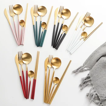 

Western Stainless Tableware Wedding Cutlery Set Golden 4pcs Steak Knife Fork Spoon Set Talheres Dinnerware Sets Kitchen DA60CJ