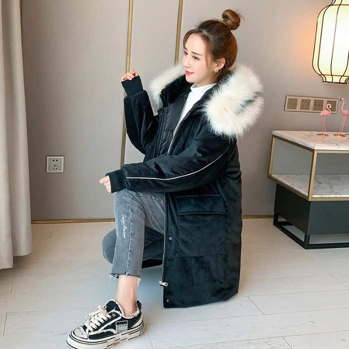 Black Big Fur Collar Coat Winter New Down Jacket Gold Velvet Female Long Section Cotton Jacket Over The Knee Cotton Clothing - Цвет: Black