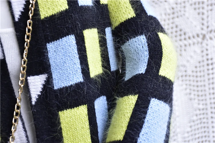 Модное зимнее женское длинное пальто, цветной клетчатый светильник с круглым вырезом и длинным рукавом, толстый теплый свитер из кроличьей шерсти, куртка, кардиган из норки