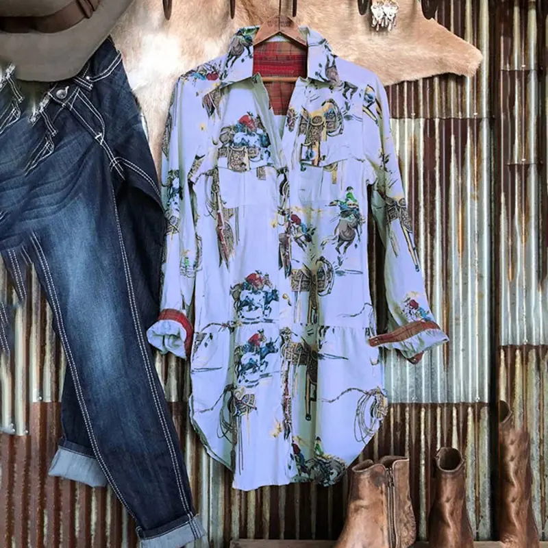 Блузка с принтом женские рубашки длинный Pacthwork отложной воротник Весна размера плюс 5XL с длинным рукавом и карманами женские блузки